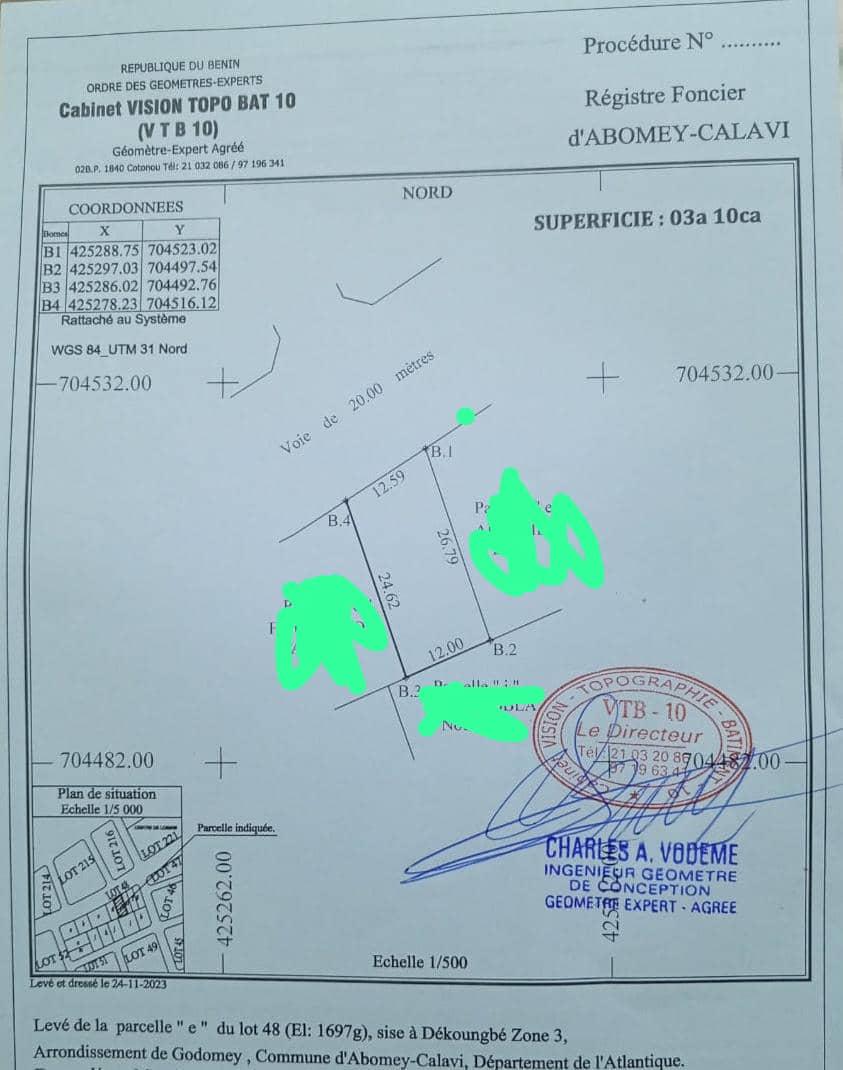 Vente d'un Terrain à 20.000.000 FCFA  : Atlantique-Abomey-Calavi (dekoungbé)