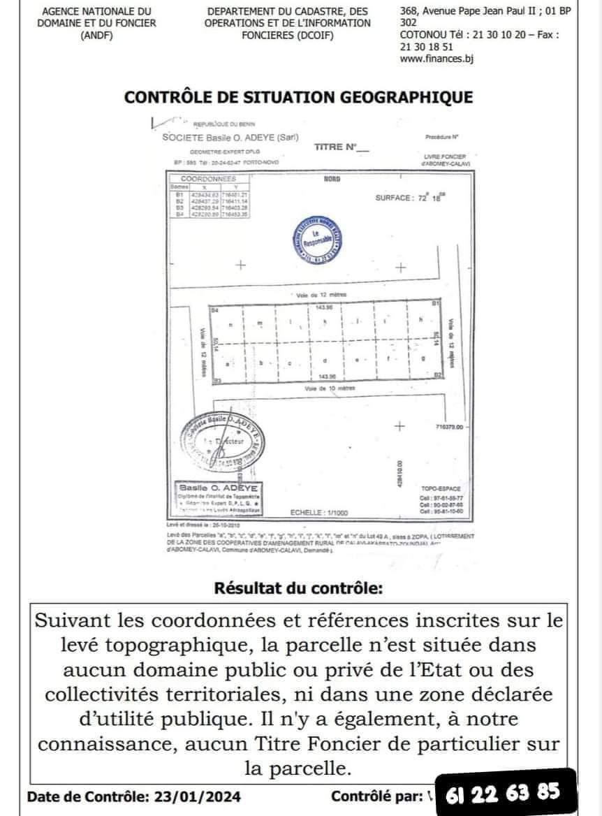 Vente d'un Terrain : Atlantique-Abomey-Calavi (Zopah )