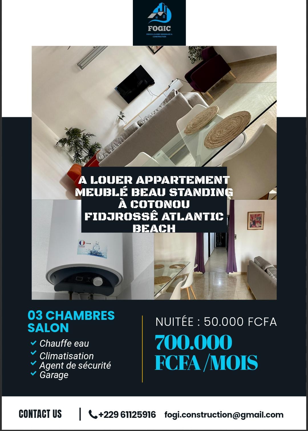 Location meublée d'un Appartement de 4 pièce(s) à 700.000 FCFA : Littoral-Cotonou (Fidjrossê )