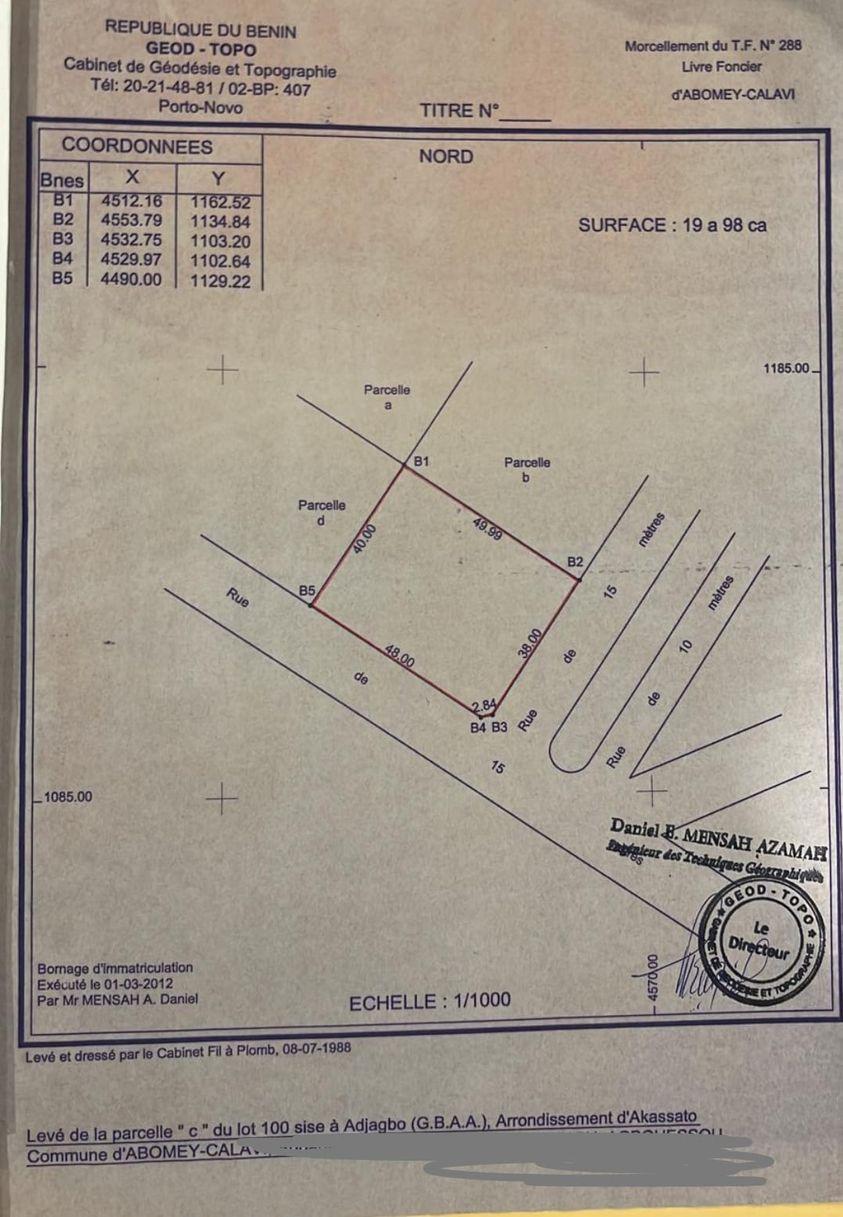 Vente d'un Terrain : Atlantique-Abomey-Calavi ( Zopah)