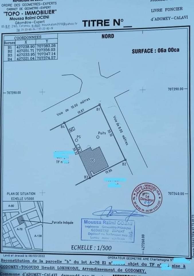 Vente d'un Terrain : Atlantique-Abomey-Calavi (Godomey Togoudo )