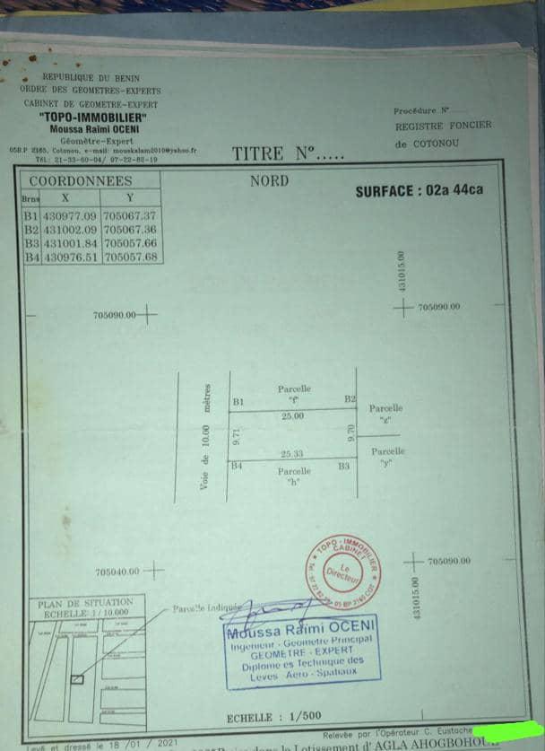 Vente d'un Terrain : Littoral-Cotonou (Agla AHOUGBOHOUE)