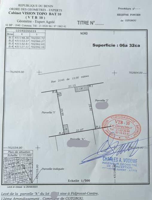 Vente d'un Terrain à 70.000.000 FCFA  : Littoral-Cotonou (fidjrossè centre)