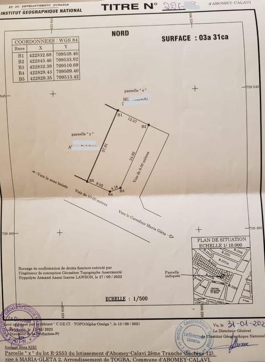 Vente d'un Terrain : Atlantique-Abomey-Calavi (Maria Gléta)