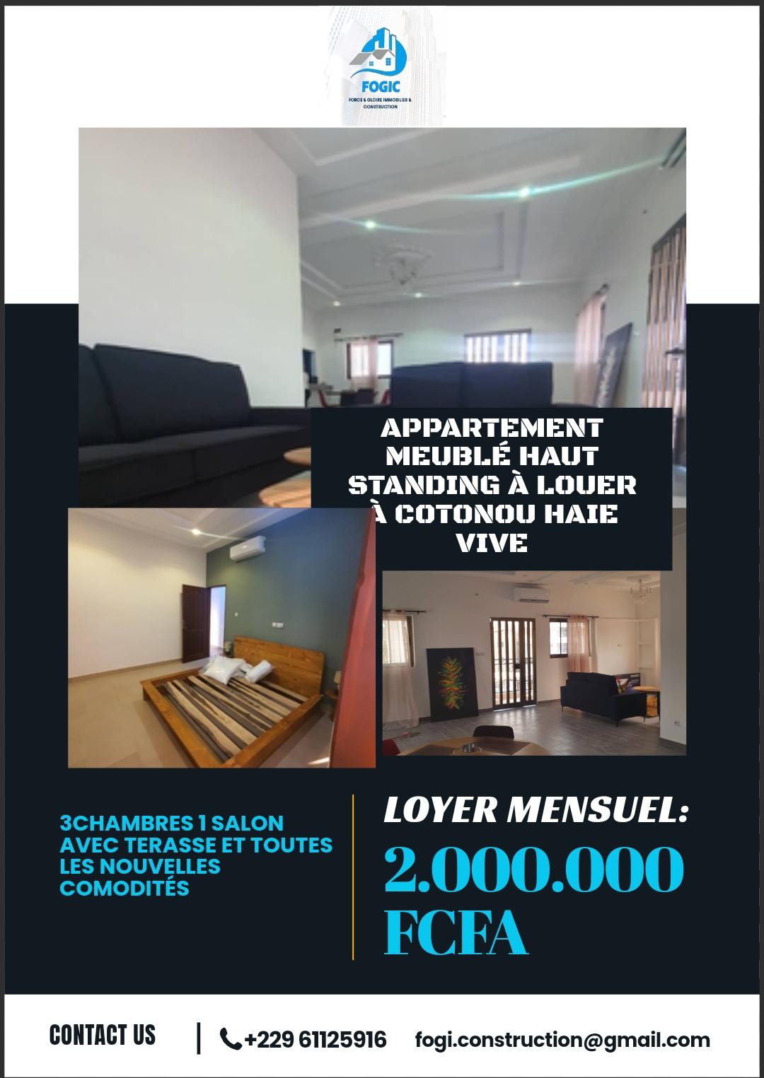 Location meublée d'un Appartement de 4 pièce(s) à 2.000.000 FCFA : Littoral-Cotonou (HAIE VIVE )