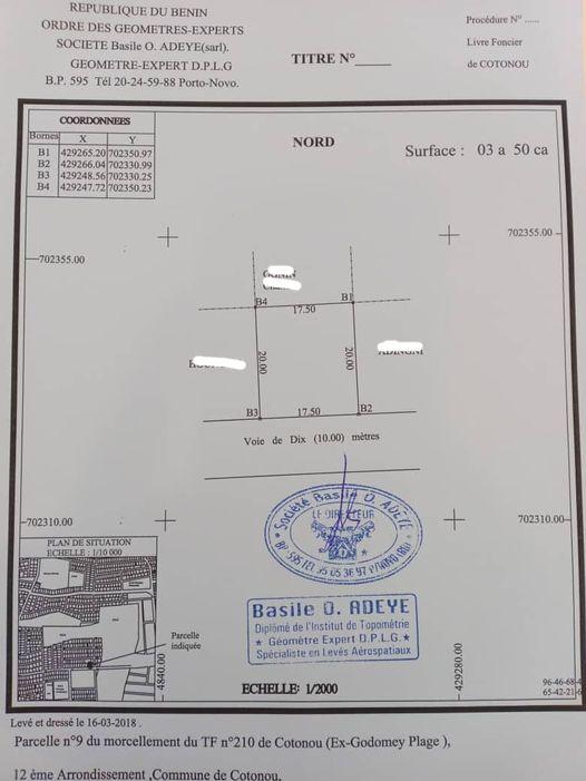 Vente d'un Terrain à 50.000.000 FCFA  : Littoral-Cotonou (Fidjrossè)