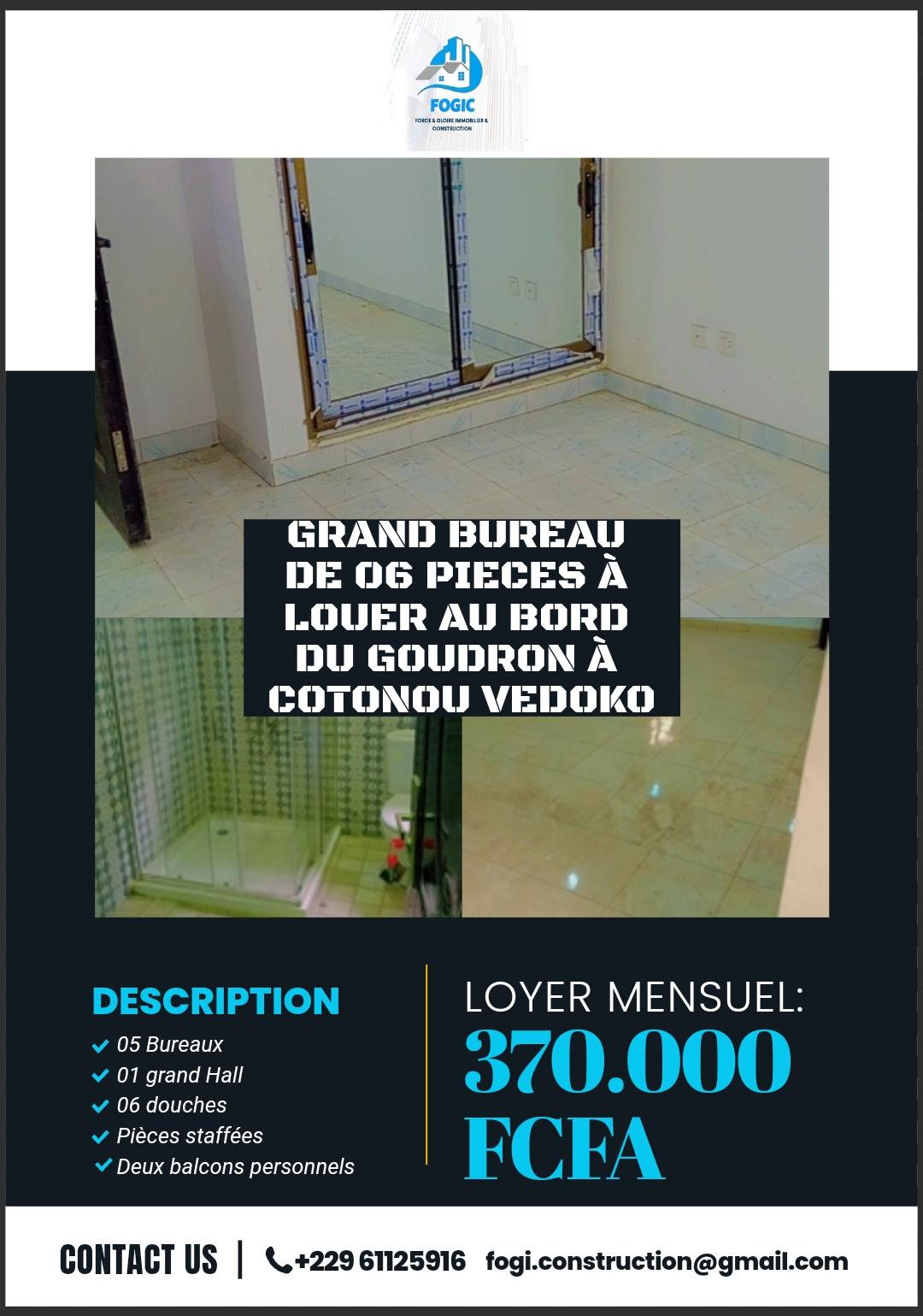 Location d'un Bureau à 370.000 FCFA  : Littoral-Cotonou (VEDOKO )