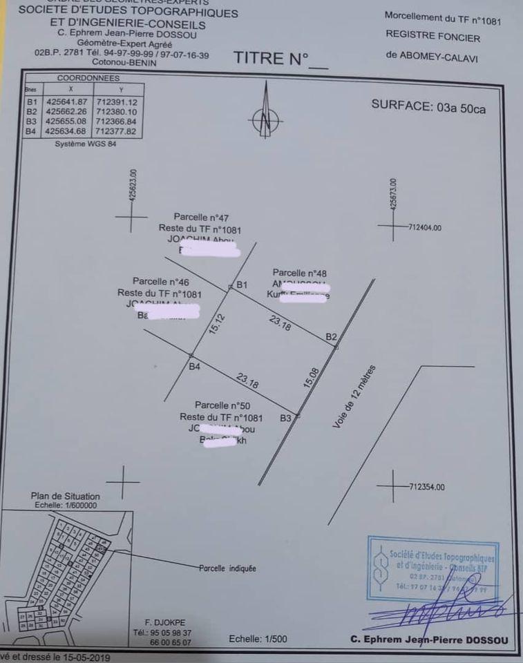 Vente d'un Terrain : Atlantique-Abomey-Calavi (Djadjo)