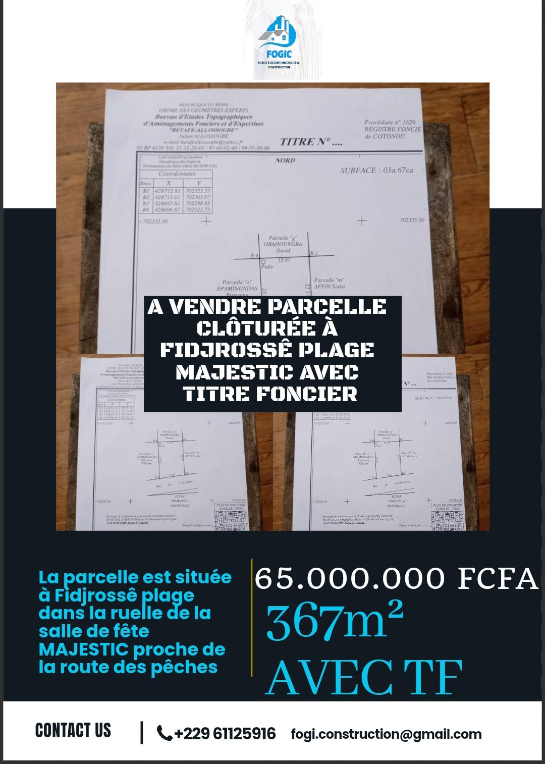 Vente d'un Terrain à 65.000.000 FCFA  : Littoral-Cotonou (Fidjrossê )