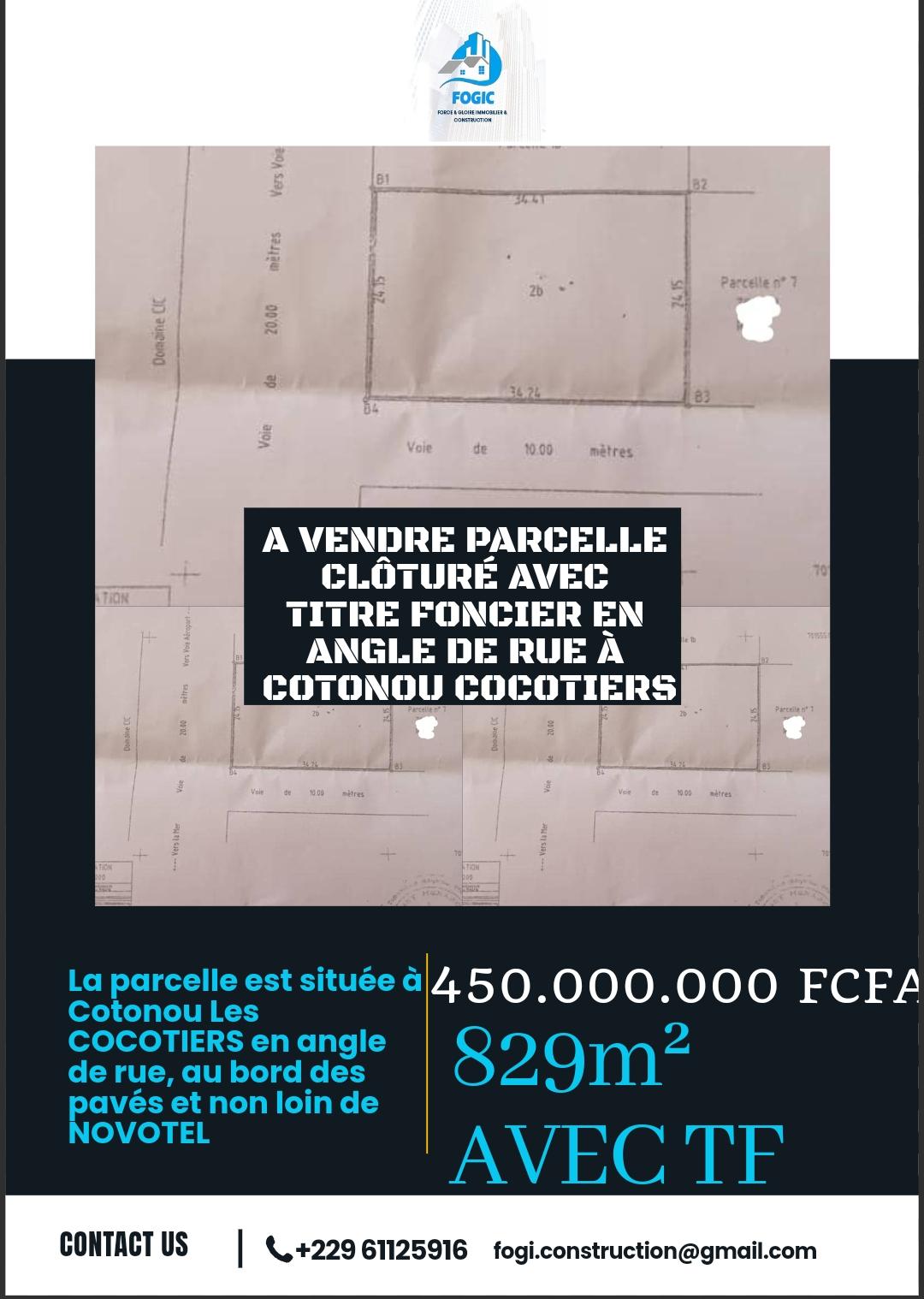 Vente d'un Terrain à 450.000.000 FCFA  : Littoral-Cotonou (Cocotiers )