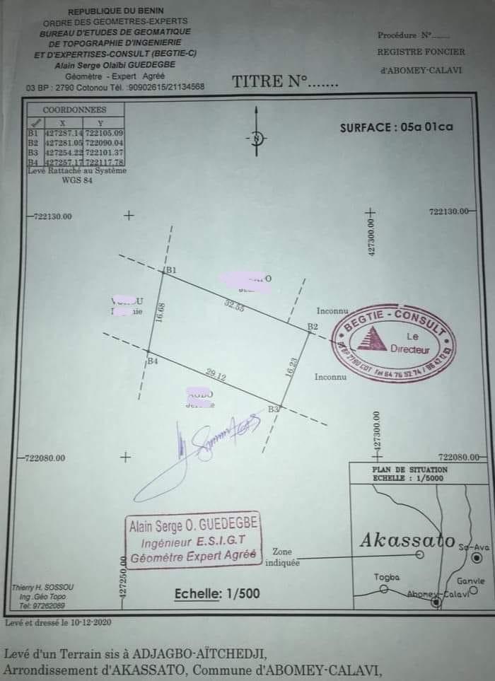 Vente d'un Terrain : Atlantique-Abomey-Calavi (Adjagbo)