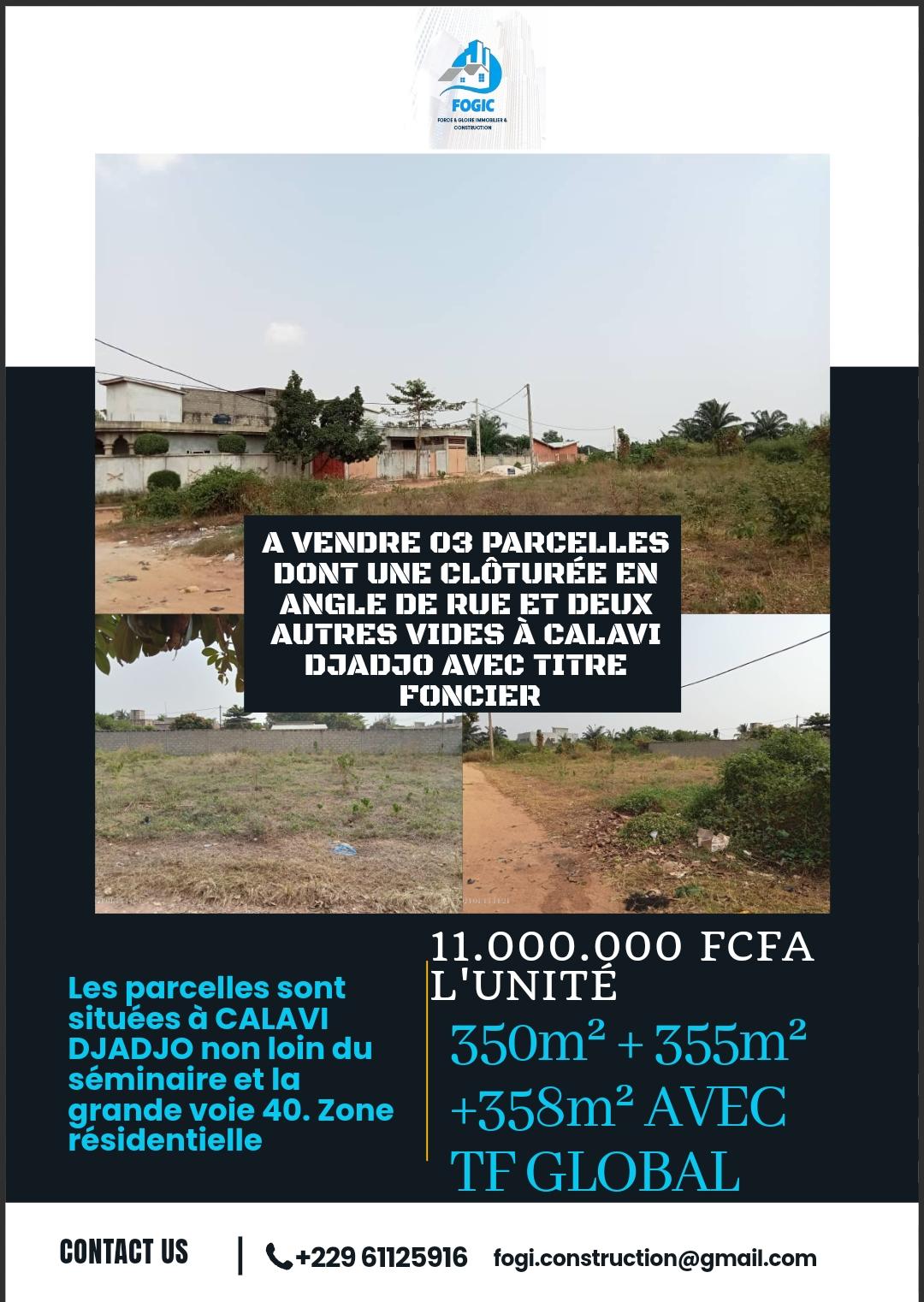 Vente d'un Terrain à 11.000.000 FCFA  : Atlantique-Abomey-Calavi (DJADJO )