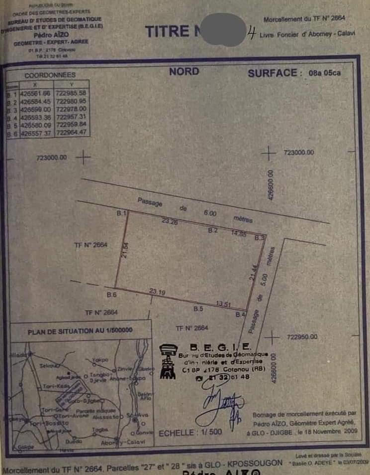 Vente d'un Terrain à 10.000.000 FCFA  : Atlantique-Abomey-Calavi (Glo Kpossougon)