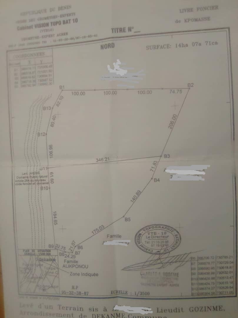 Vente d'un Terrain à 3.200.000 FCFA  : Atlantique-Kpomassè (Dekanmey)