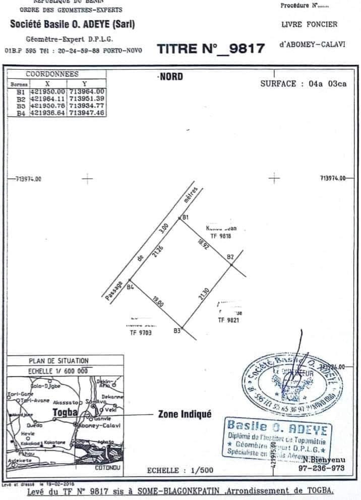 Vente d'un Terrain : Abomey-Calavi (Togba)