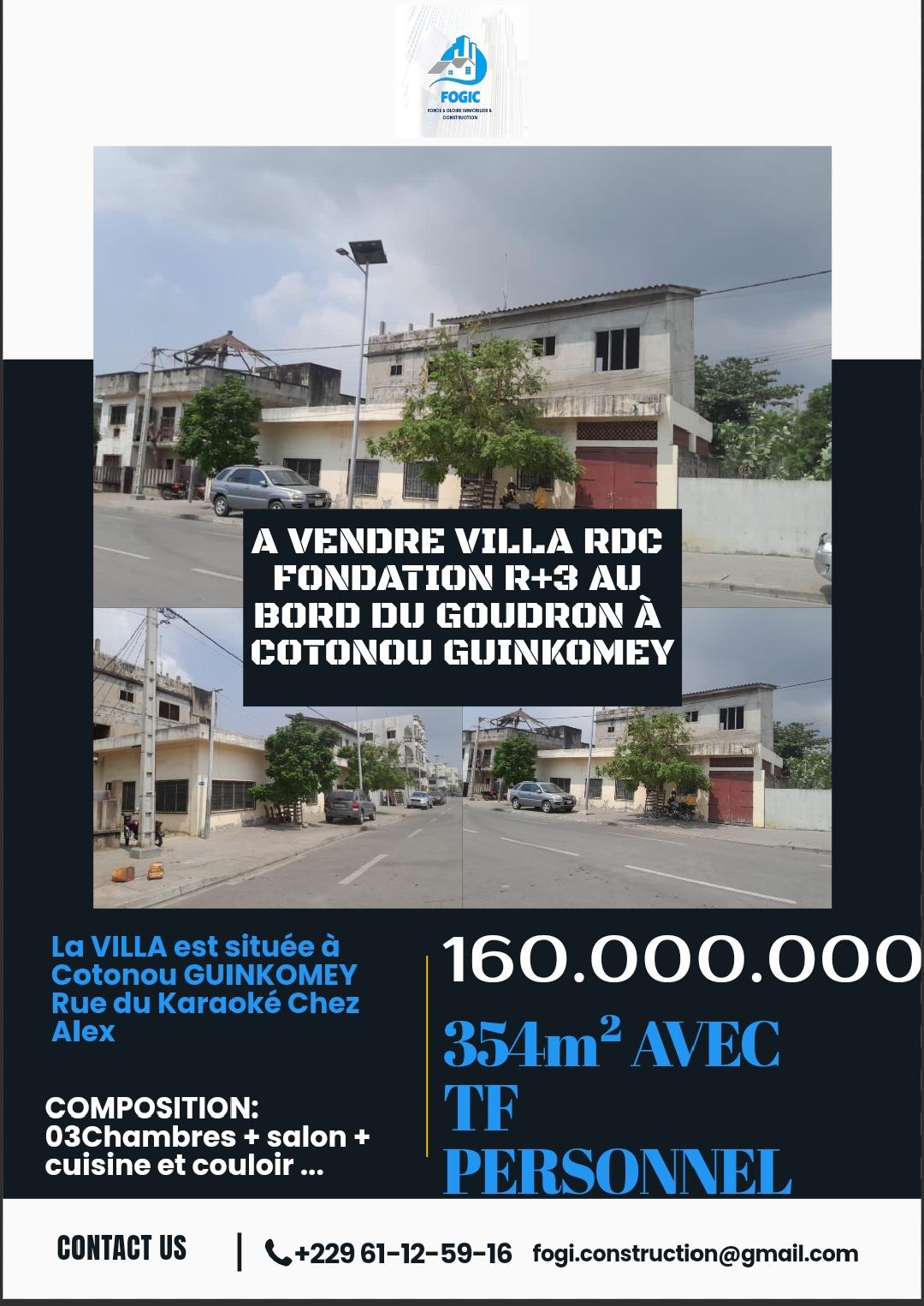 Vente d'une Maison / Villa de 4 pièce(s) à 160.000.000 FCFA : Littoral-Cotonou (GUINKOMEY )