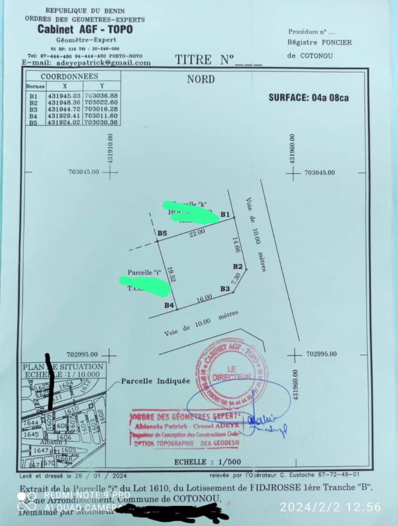 Vente d'un Terrain à 60.000.000 FCFA  : Littoral-Cotonou (Fidjrosse aibatin )