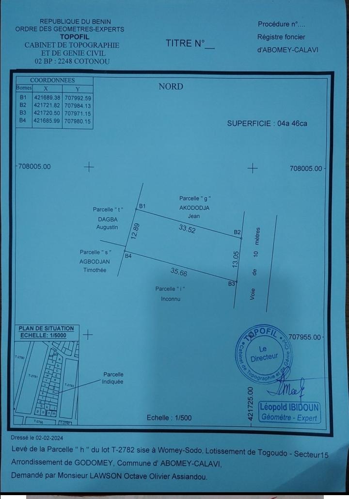 Vente d'un Terrain : Atlantique-Abomey-Calavi (Womey sodo )