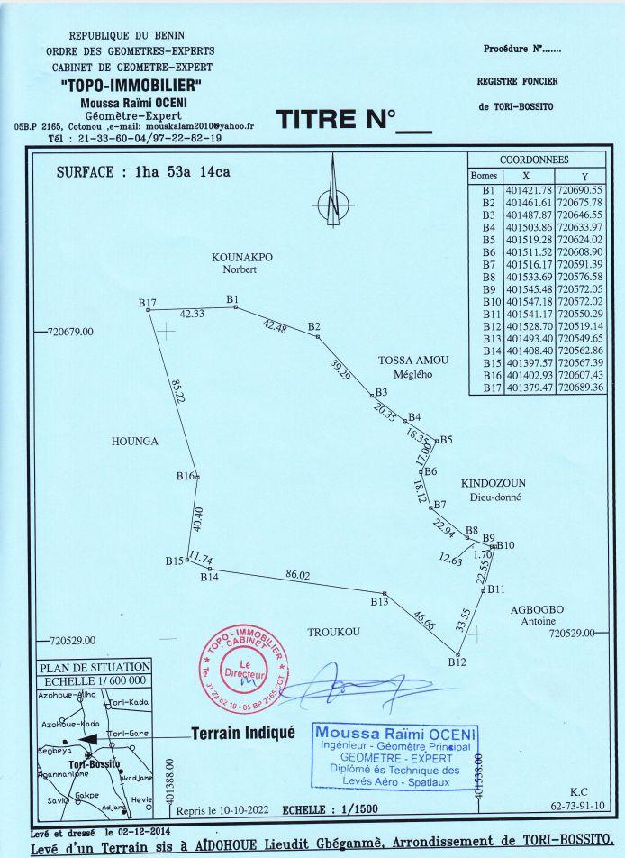 Vente d'un Terrain : Atlantique-Tori-Bossito (Aïdohoue)